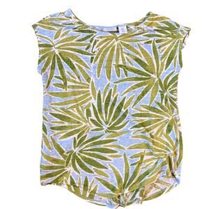 Sigrid Olsen Women's Linen Tropical Palm Leaf Blue Green Summer Beachy Top Small